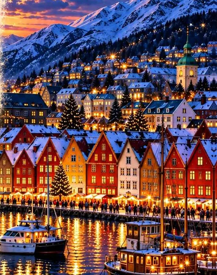 Illustration from the book: Bergen harbor at night, with the colorful houses of Bryggen, lit boats and snowy mountains