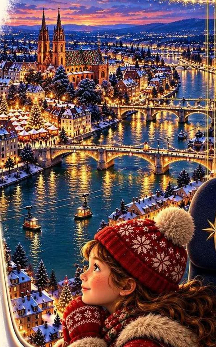 Ilustrație din carte: Basel noaptea, cu Rinul, podurile luminate și Münster-ul, privit de Mira pe geamul avionului