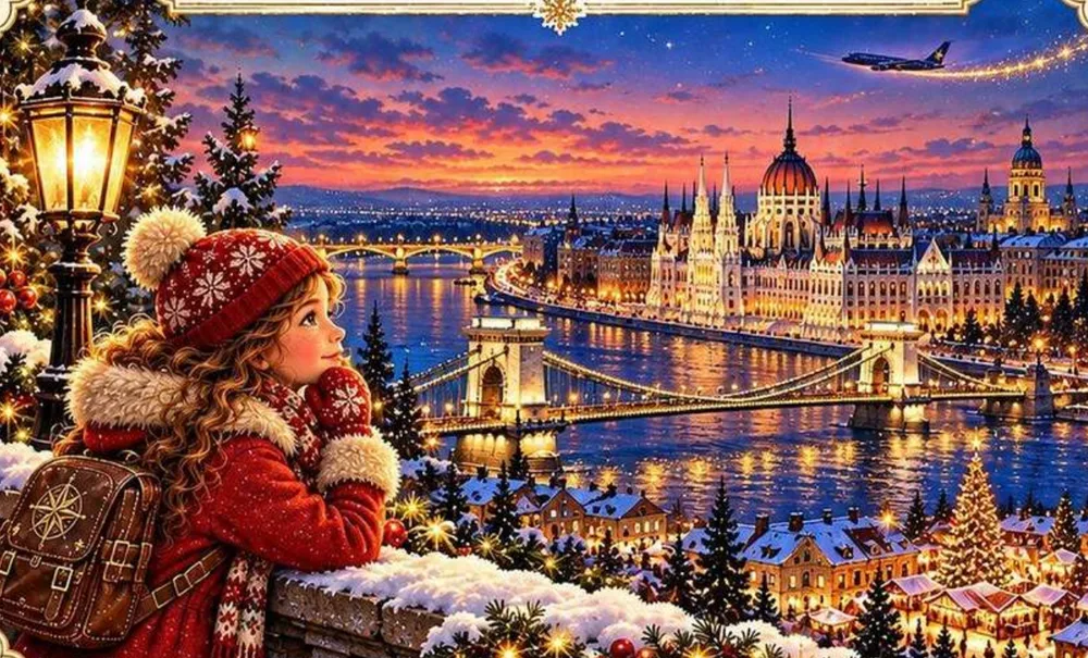 Illustration from the book: Mira on the castle hill, looking at the Danube, the Chain Bridge and the lit Parliament