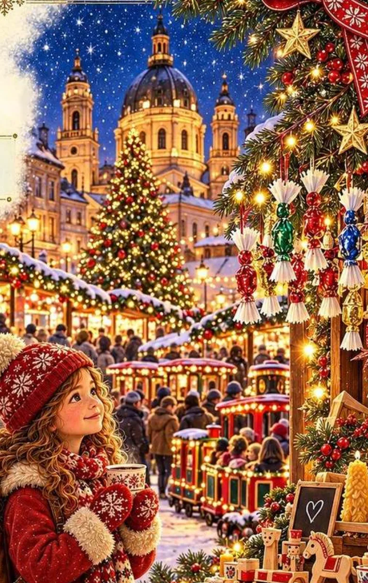 Illustration from the book: Mira at the Vörösmarty Square market, next to a stall of szaloncukor, with the basilica behind