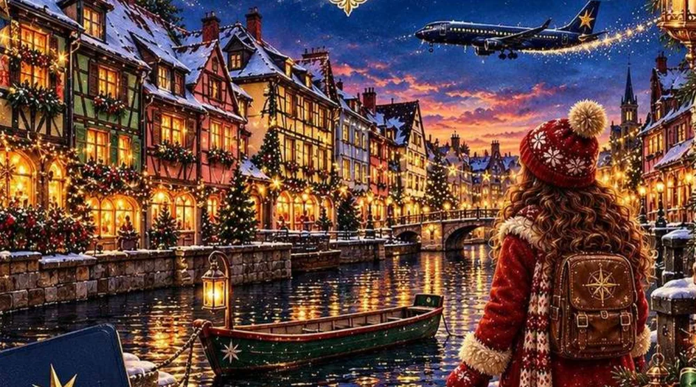 Ilustrație din carte: Mira pe cheiul din Petite Venise, privind casele colorate și barca de lemn, cu avionul pe cer