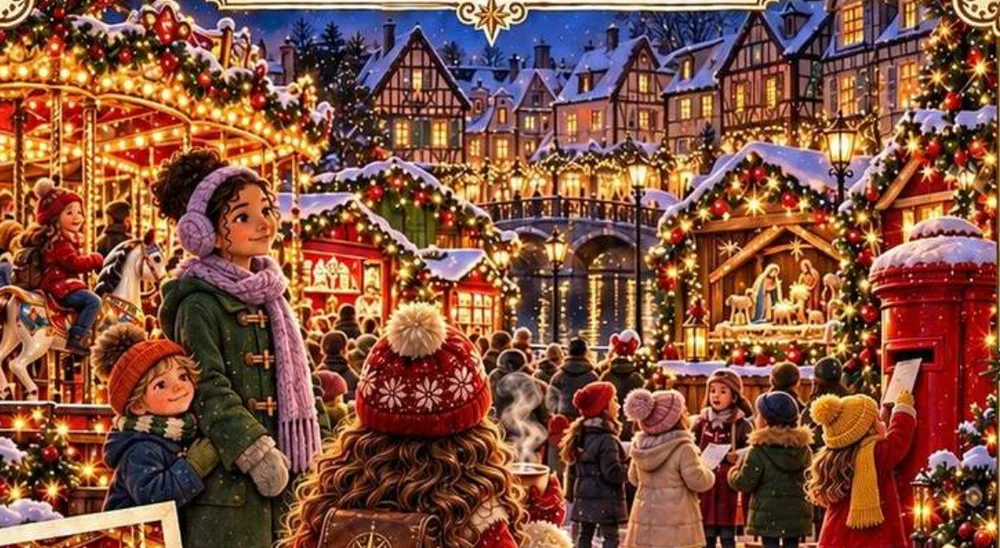 Ilustrație din carte: Mira la târgul copiilor din Colmar, cu caruselul, căsuțele colorate și cutia poștală roșie