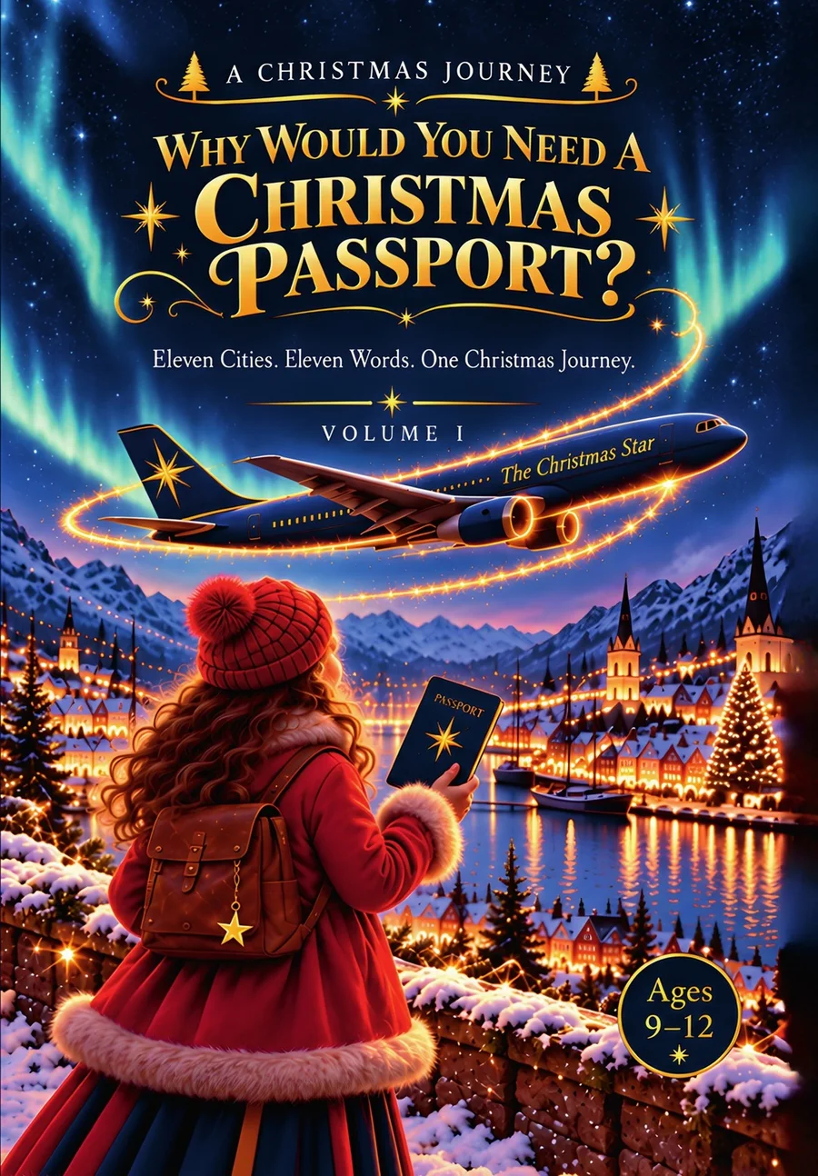Book cover: Mira looks toward a city glowing with Christmas lights, with The Christmas Star plane overhead
