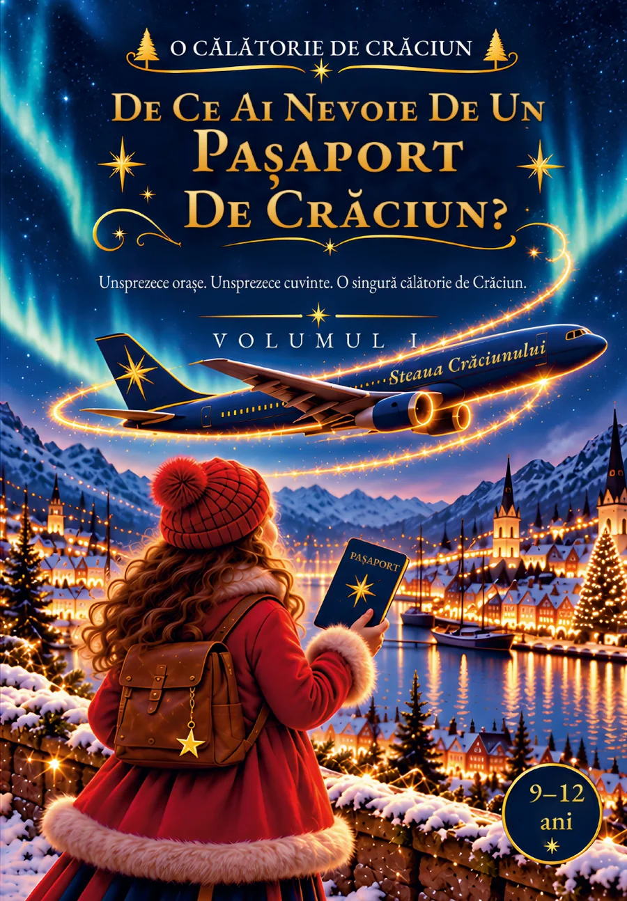 Coperta ediției în română: Mira privește spre un oraș luminat de Crăciun, cu avionul Steaua Crăciunului deasupra
