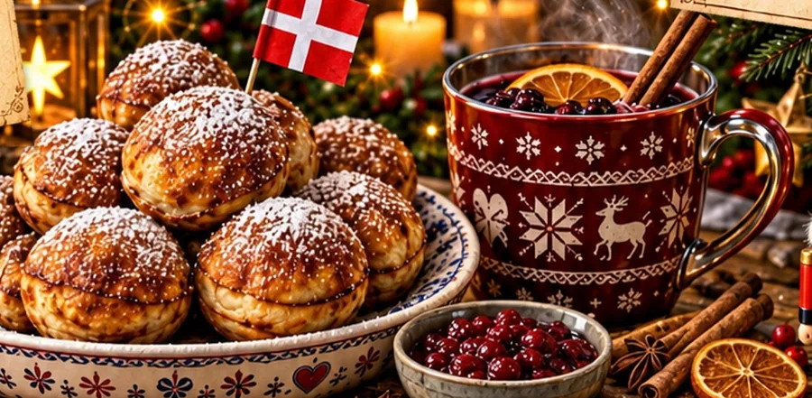 Æbleskiver, gogoșele daneze rotunde pudrate cu zahăr, lângă o cană cu gløgg fără alcool
