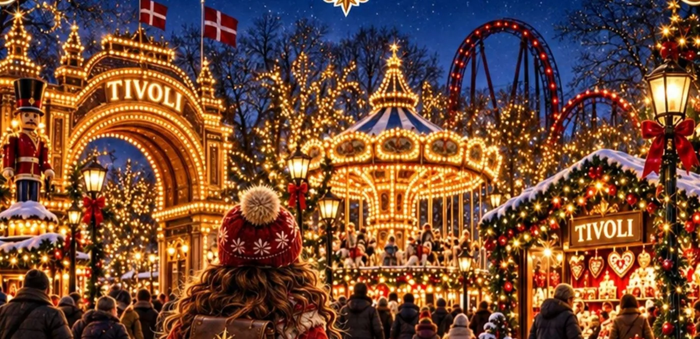 Ilustrație din carte: grădinile Tivoli iarna, cu poarta luminată, caruselul, roller coasterul și căsuțele de Crăciun