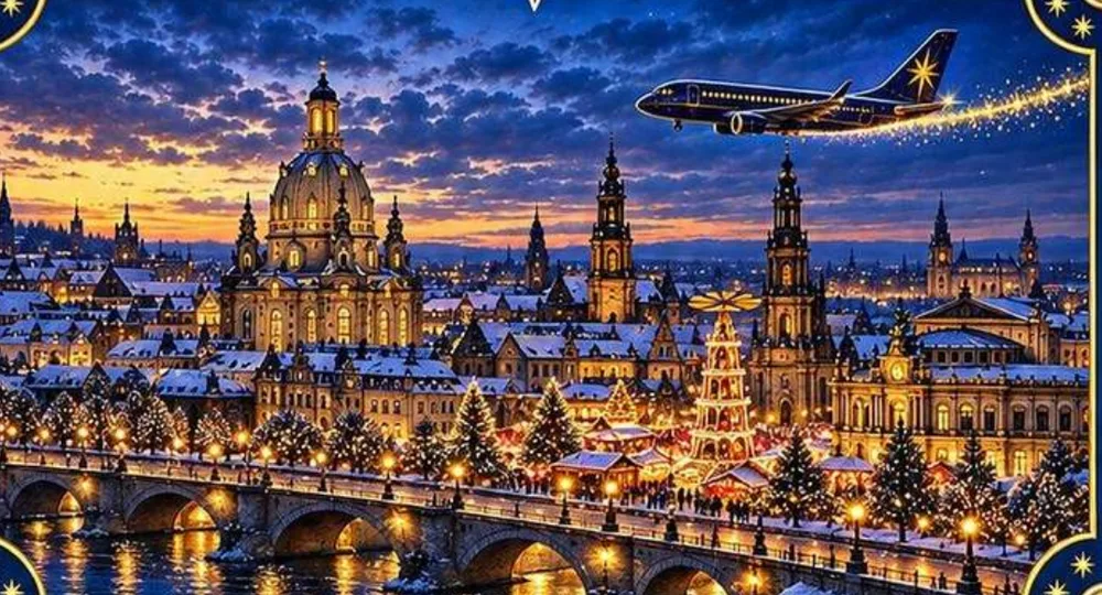 Illustration from the book: Dresden at sunset, with the Frauenkirche, the bridge over the Elbe, the lit market and Mira’s plane in the sky