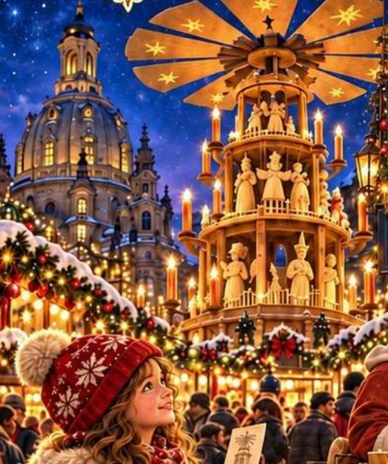 Illustration from the book: Mira at the Striezelmarkt, looking up at the huge Christmas pyramid, with the Frauenkirche behind