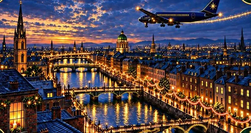 Illustration from the book: Dublin at night, with the River Liffey, the lit bridges and Mira’s plane in the sky