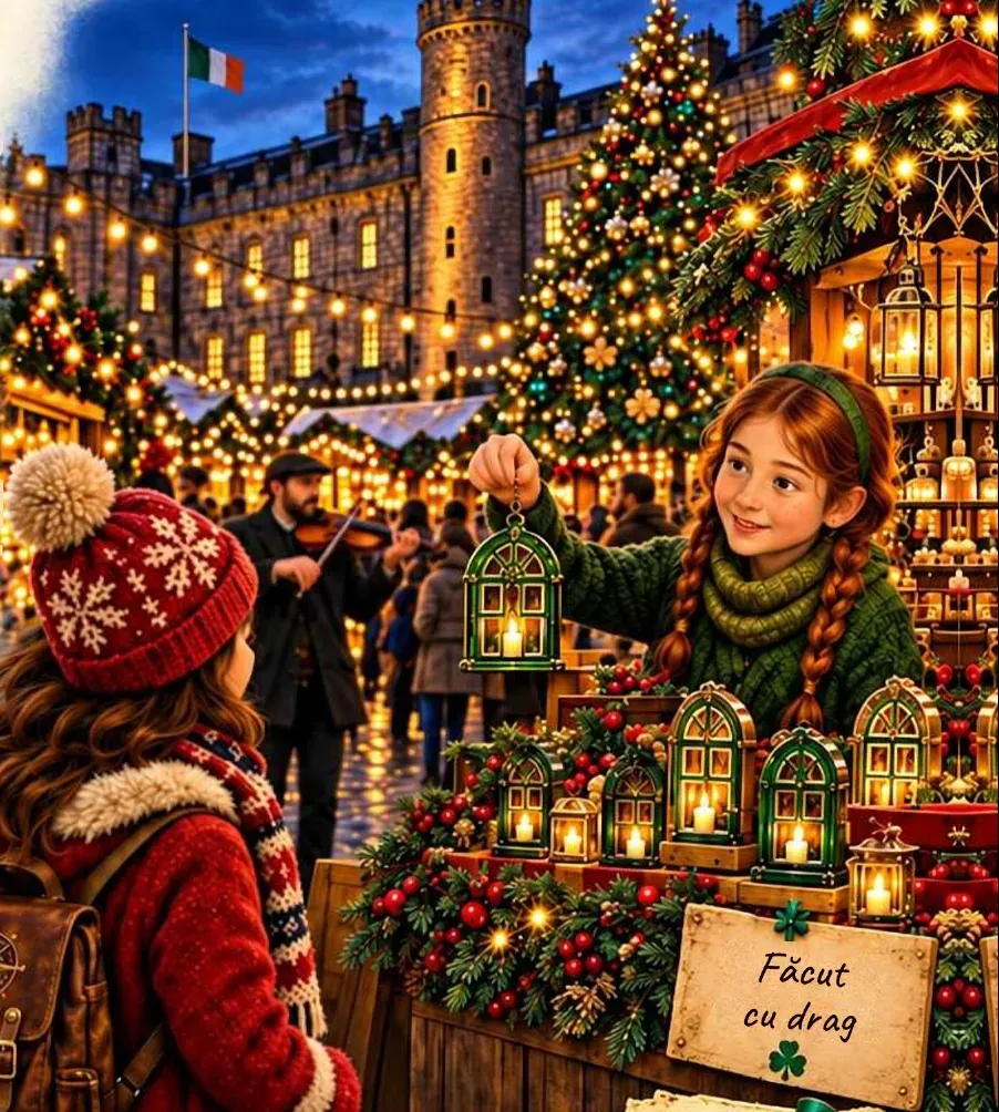 Illustration from the book: Mira at a Christmas stall near Dublin Castle, with lit glass ornaments and a fiddler behind her