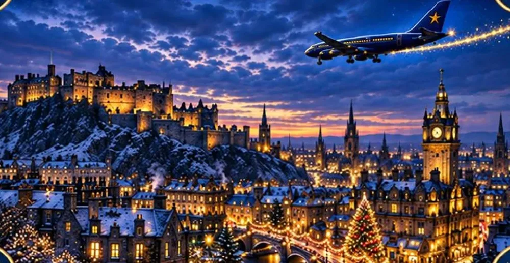 Illustration from the book: Edinburgh at night, with the castle on its rock, the clock tower and Mira’s plane in the sky