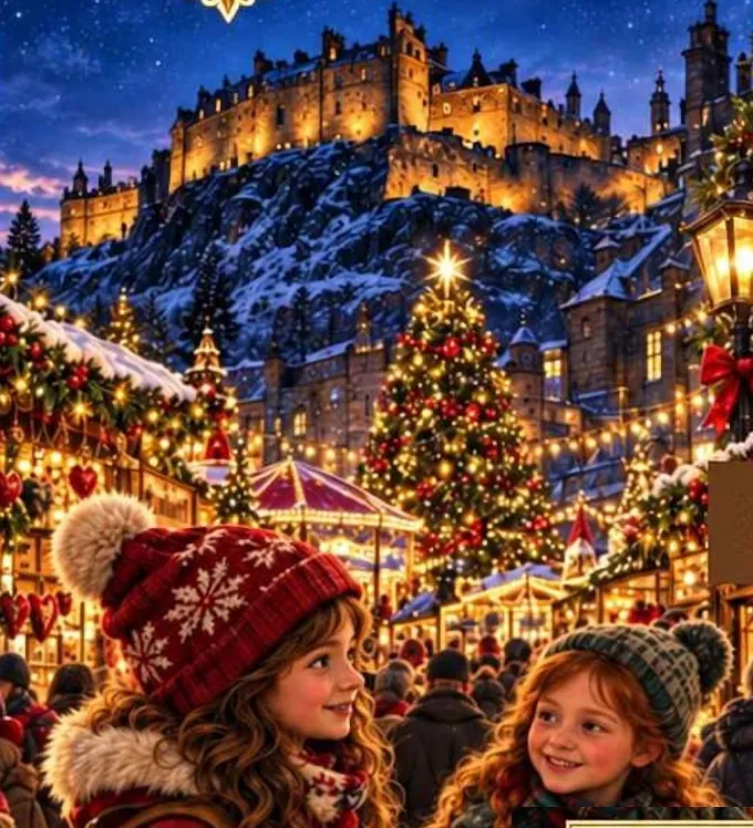 Illustration from the book: Mira at the Edinburgh Christmas market, with the lit tree and the castle on its rock behind her