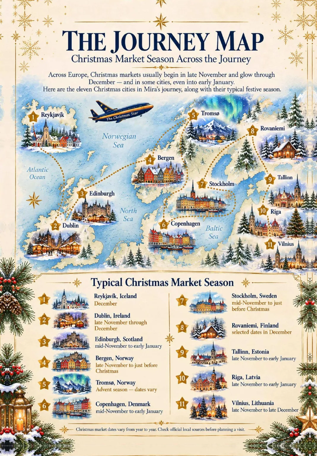 The Journey Map: the eleven Christmas cities in Mira’s journey