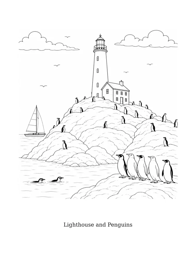 Coloring page Lighthouse and Penguins, from The Art of Sailing