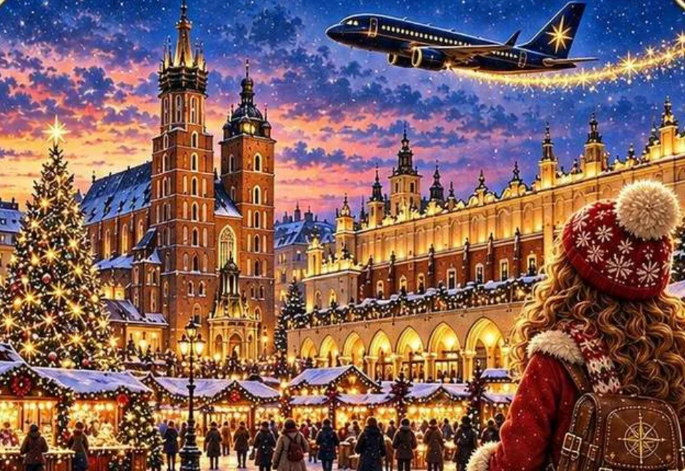 Illustration from the book: Kraków’s Main Square at sunset, with St. Mary’s Basilica, the Cloth Hall, the lit tree and Mira’s plane in the sky