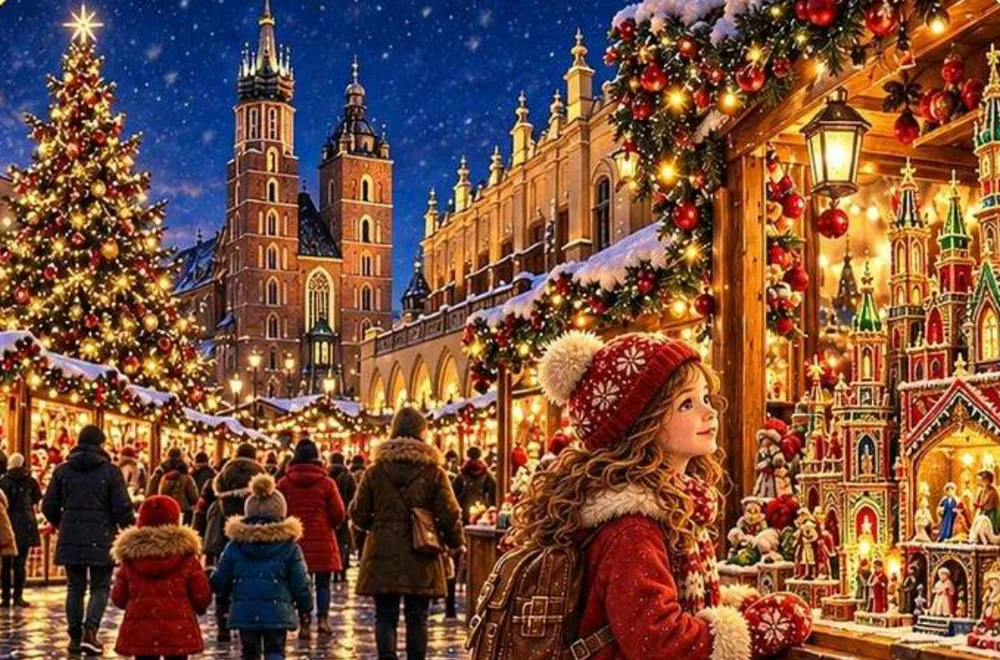 Illustration from the book: Mira at the Main Square Christmas market, in front of a window full of szopki, little palaces of the Nativity