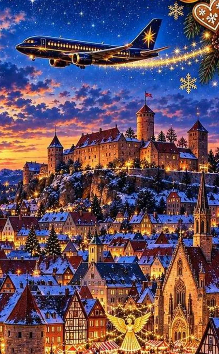 Illustration from the book: Nuremberg at night, with the castle on its rock, the half-timbered houses, the lit market and Mira’s plane in the sky