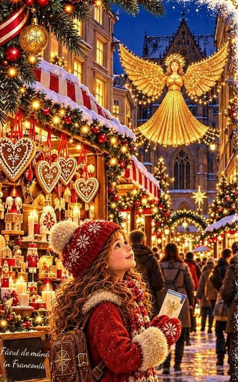 Illustration from the book: Mira at the Christkindlesmarkt, between stalls of gingerbread hearts, under a huge golden angel