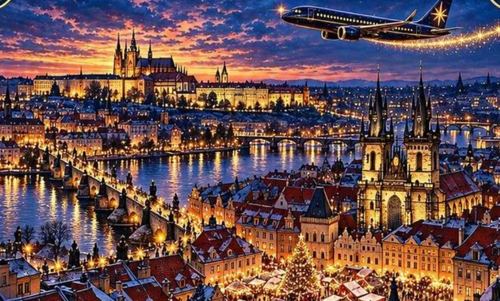 Illustration from the book: Prague at night, with the Vltava river, Charles Bridge, the castle on the hill and Mira’s plane in the sky