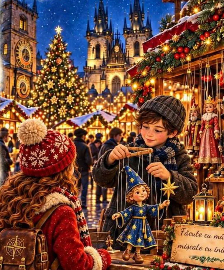 Illustration from the book: Mira at the Old Town Square market, next to a stall full of wooden puppets
