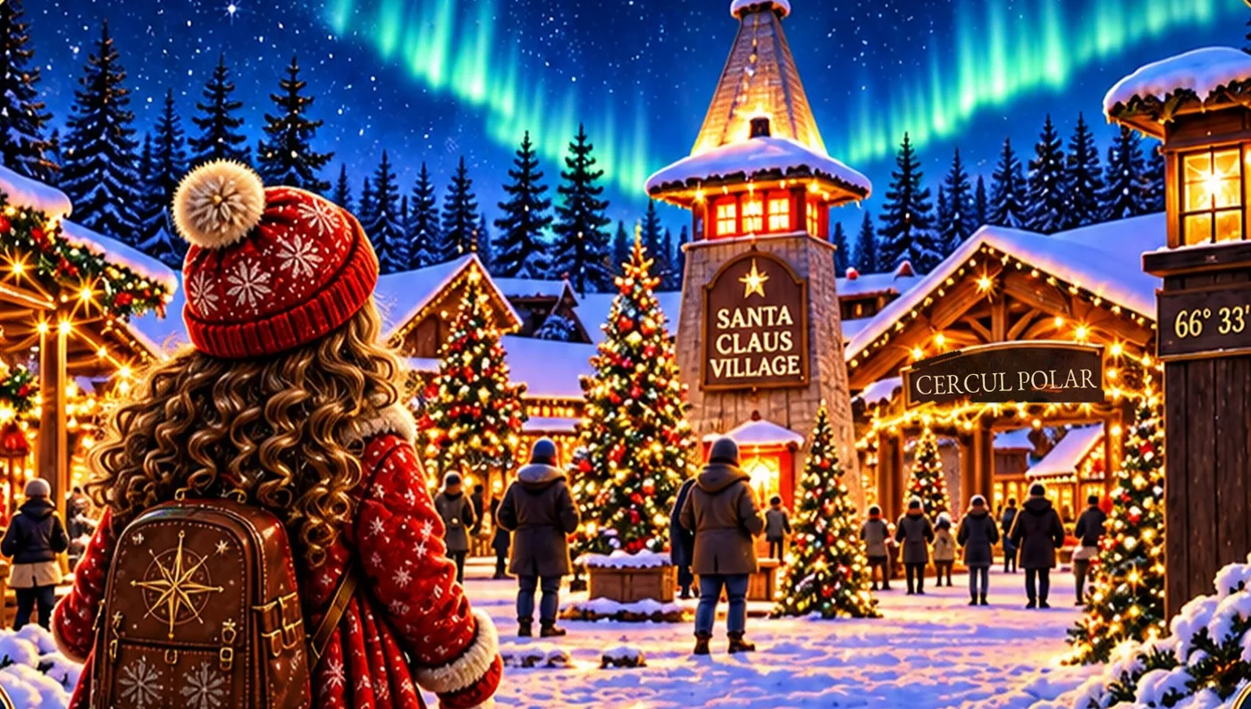Ilustrație din carte: Satul lui Moș Crăciun noaptea, cu brazi luminați, turnul cu ceas și aurora boreală pe cer