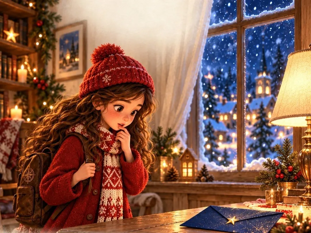 Mira, by a window strung with lights, finds the blue envelope on the table