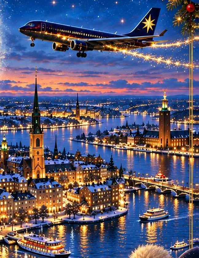Ilustrație din carte: Stockholm noaptea, cu insulele, podurile luminate și avionul Mirei pe cer