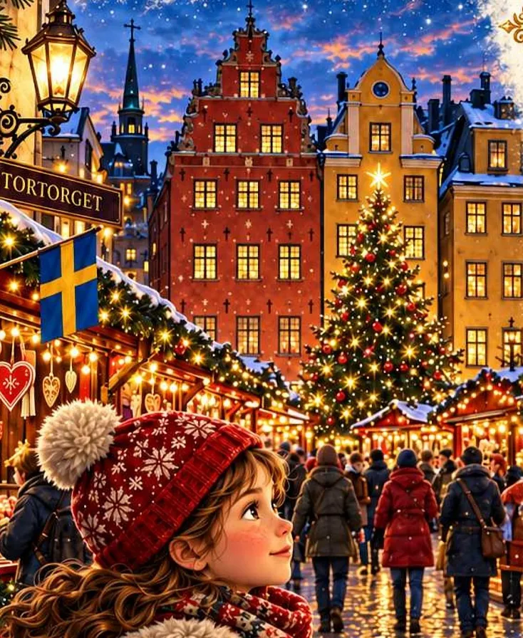 Ilustrație din carte: Mira la târgul de Crăciun din Stortorget, cu casele colorate din Gamla Stan și bradul luminat