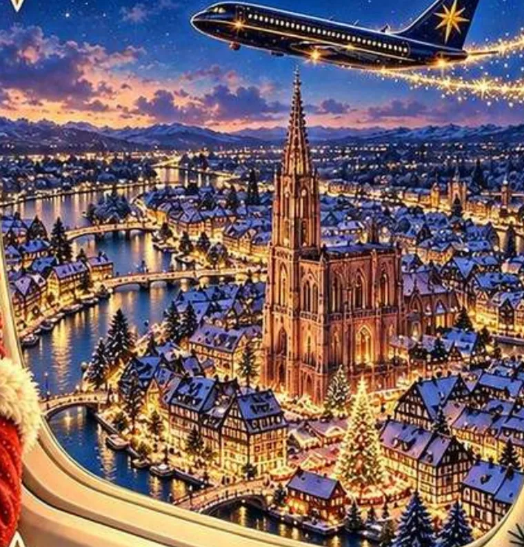 Ilustrație din carte: Mira privește pe geamul avionului spre Strasbourg, cu catedrala și râul luminat