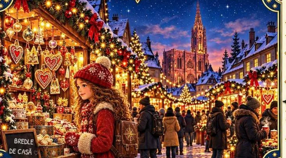 Ilustrație din carte: Mira la o tarabă cu inimi de turtă dulce și fursecuri, cu catedrala din Strasbourg în spate