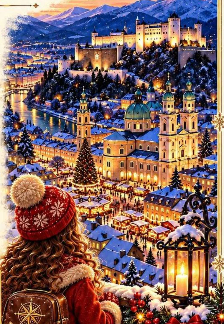 Illustration from the book: Salzburg at night, with the fortress on its rock, the green-domed cathedral and the snowy mountains, watched by Mira