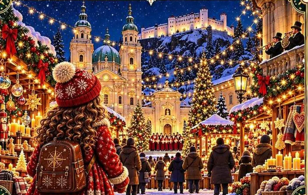 Illustration from the book: Mira at the Christkindlmarkt in front of the cathedral, with a choir and the lit fortress on its rock