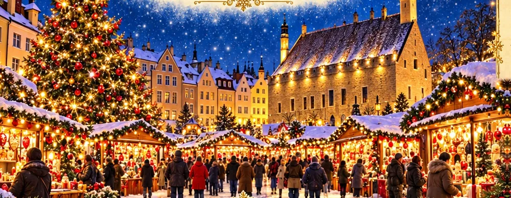 Ilustrație din carte: târgul de Crăciun din Piața Primăriei din Tallinn, cu bradul mare și Primăria luminată