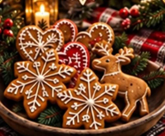 Pepperkaker, turte dulci norvegiene în formă de fulgi de nea, inimi și ren, decorate cu glazură albă