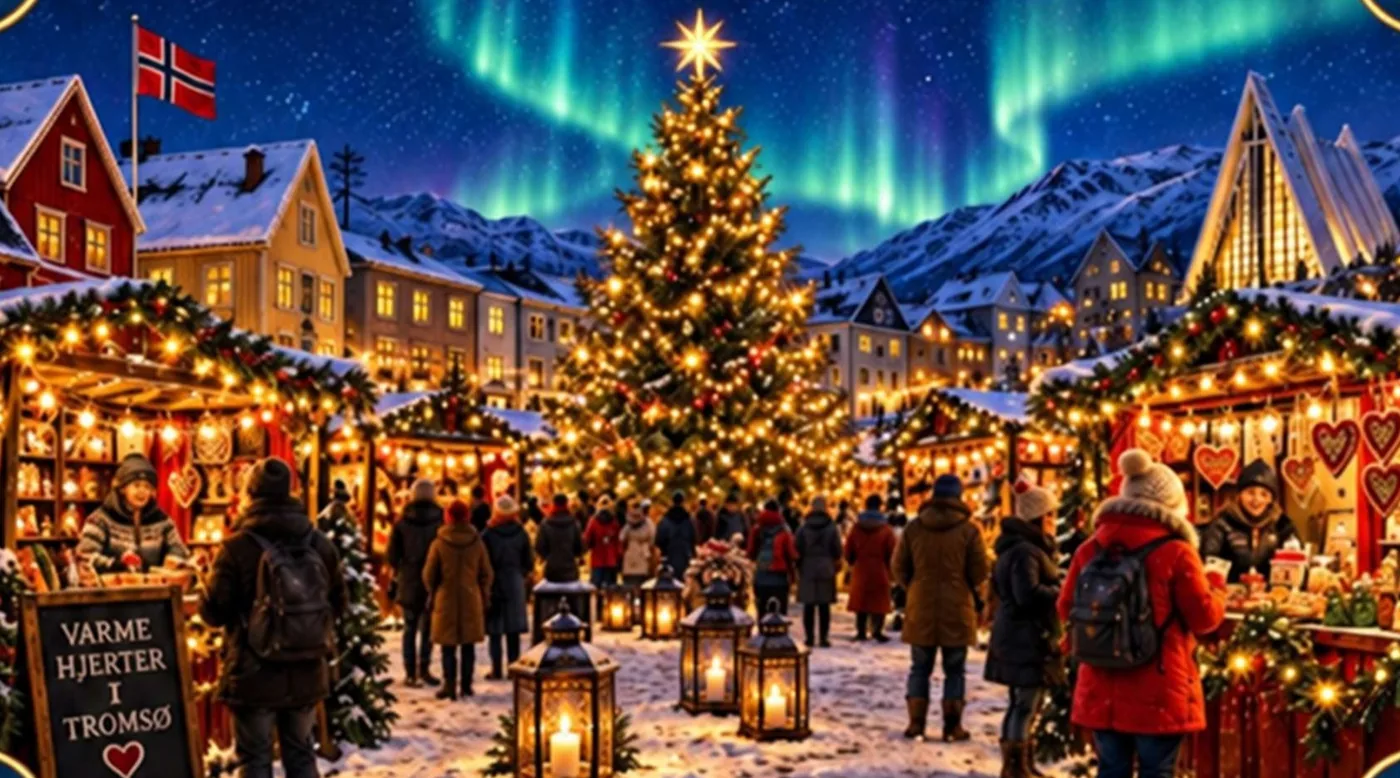Ilustrație din carte: târgul de Crăciun din piața Stortorget, cu bradul luminat, aurora boreală pe cer și Catedrala Arctică în depărtare