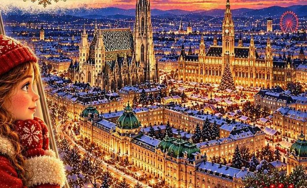 Illustration from the book: Vienna at sunset, with St. Stephen’s Cathedral, the Town Hall, the Giant Wheel and Mira’s plane in the sky, watched by Mira