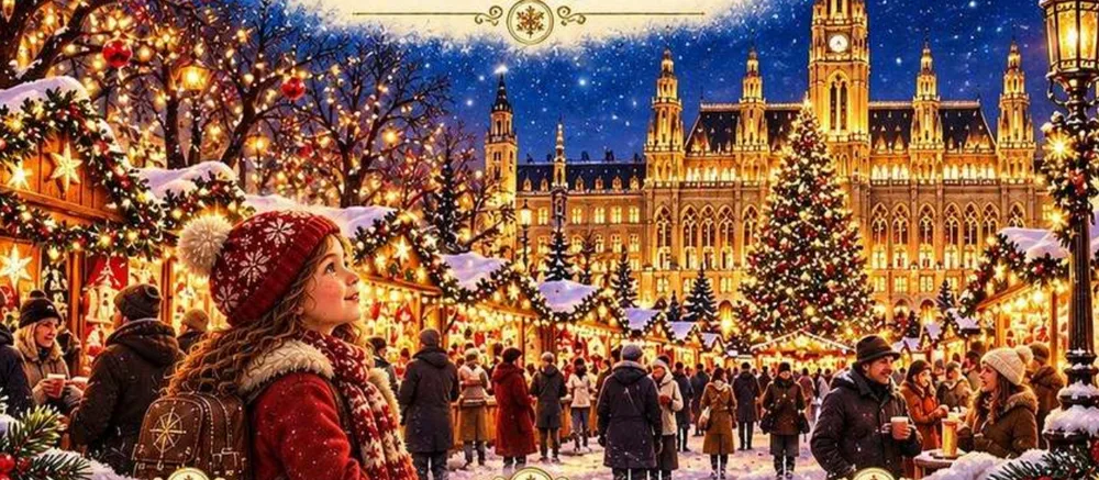 Illustration from the book: Mira at the Christmas market in front of Vienna’s Town Hall, between stalls and lit trees