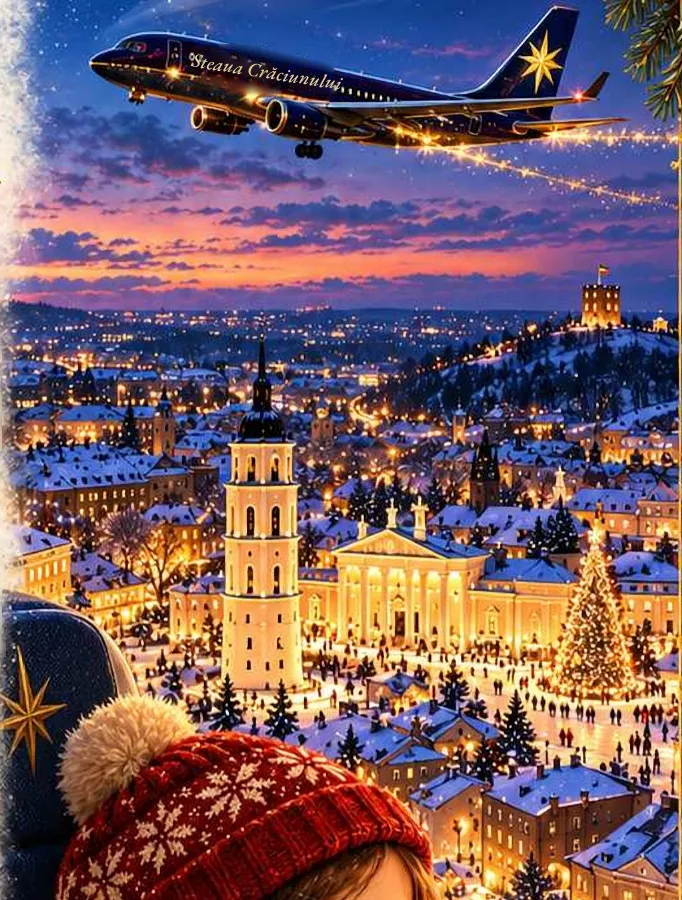 Illustration from the book: Mira looks from the plane window at lit-up Vilnius, with the cathedral and its bell tower