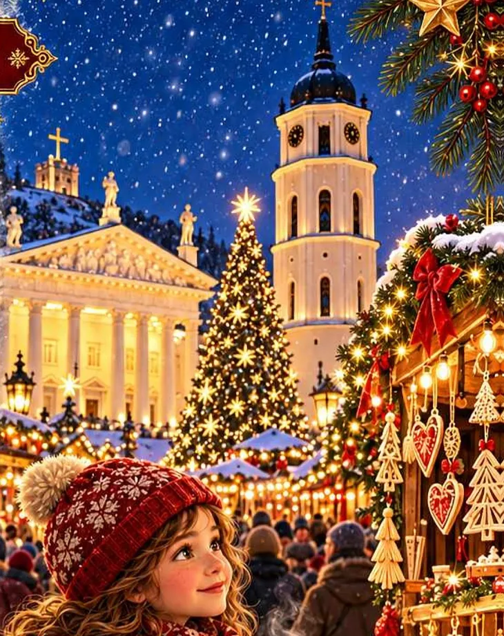 Illustration from the book: Mira with a warm mug at the Cathedral Square market, with the cathedral, the bell tower and the lit tree
