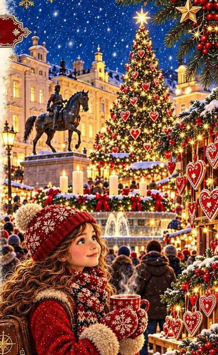 Illustration from the book: Mira in Ban Jelačić Square with a mug of warm tea, next to the tree full of red hearts and the equestrian statue